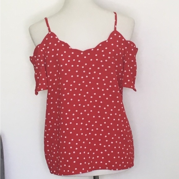 Monteau Tops - Monteau Los Angeles Red White Polka Dot Off Shoulder Scallop Top Size Small